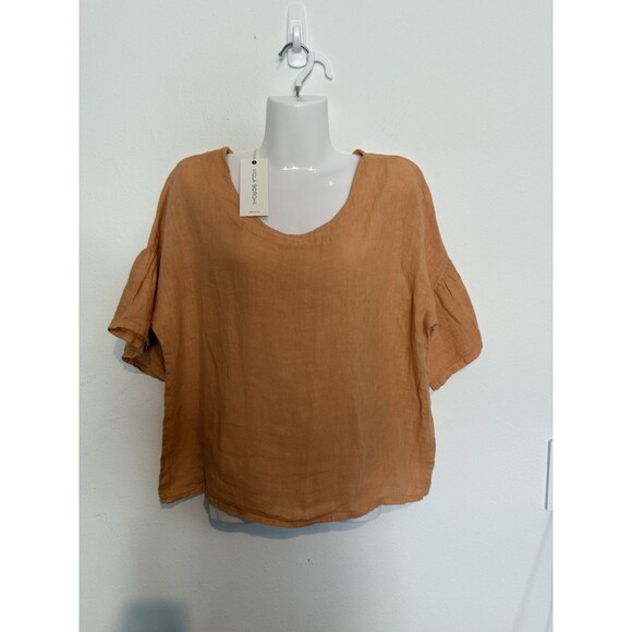 Viola Borghi 100% Linen Top Small Cropped Peach Italy Short Bell Sleeves New NWT - Picture 1 of 9
